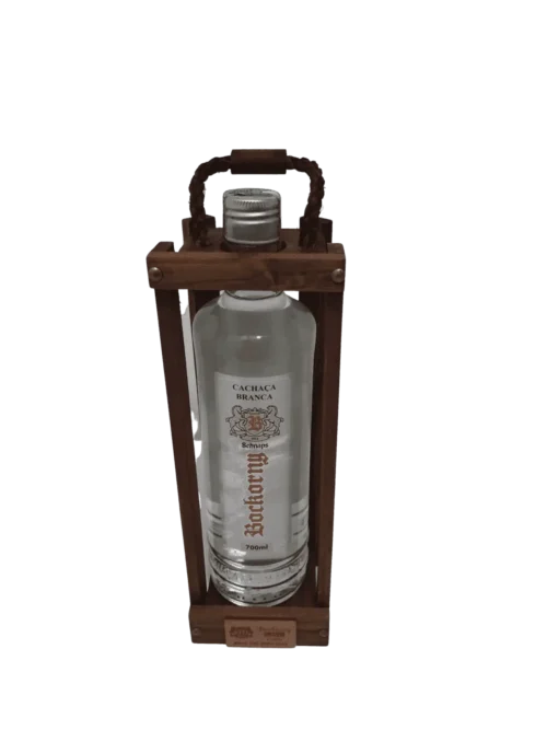 Porto das Flores - Cachaça branca Schnaps Bockorny 700ml, em estojo de madeira.