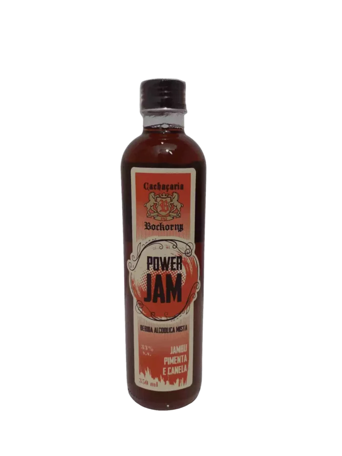 Porto das Flores - Licor Artesanal Power JAM com Jambu, Pimenta e Canela 350 ml da Cachaçaria Bockorny – Bebida alcoólica mista.