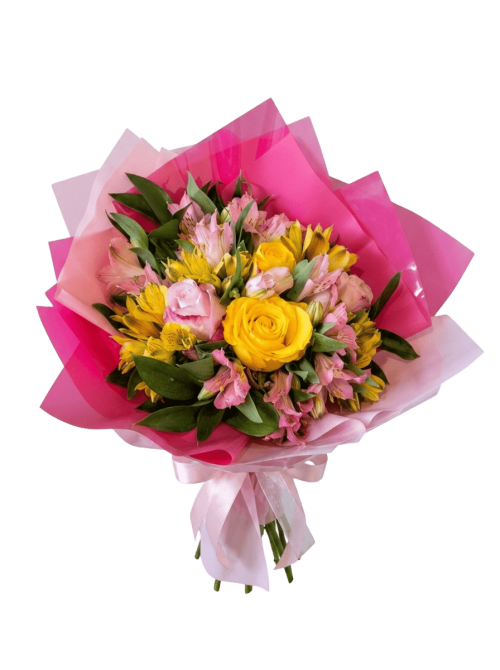 Buquê radiante de rosas amarelas e cor-de-rosa com Astromélias